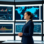 A professional female AI ethicist in a modest business suit, standing in a sophisticated, well-lit control room with multiple large screens displaying intricate data flows and algorithm diagrams. She is looking intently at a digital display with interactive elements, symbolizing algorithmic transparency and human oversight. The background features subtle, abstract representations of data processing units. perfect anatomy, correct proportions, natural pose, well-formed hands, proper finger count, natural body proportions, professional photography, high quality, fully clothed, modest clothing, appropriate attire, professional dress, safe for work, appropriate content, family-friendly.