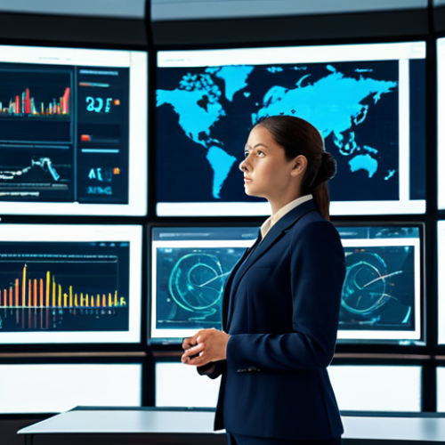A professional female AI ethicist in a modest business suit, standing in a sophisticated, well-lit control room with multiple large screens displaying intricate data flows and algorithm diagrams. She is looking intently at a digital display with interactive elements, symbolizing algorithmic transparency and human oversight. The background features subtle, abstract representations of data processing units. perfect anatomy, correct proportions, natural pose, well-formed hands, proper finger count, natural body proportions, professional photography, high quality, fully clothed, modest clothing, appropriate attire, professional dress, safe for work, appropriate content, family-friendly.