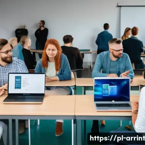 Home 32 시민참여 AI 윤리의 필요성과 효과 - A diverse group of Polish citizens engaged in a public AI ethics workshop inside a modern community ...