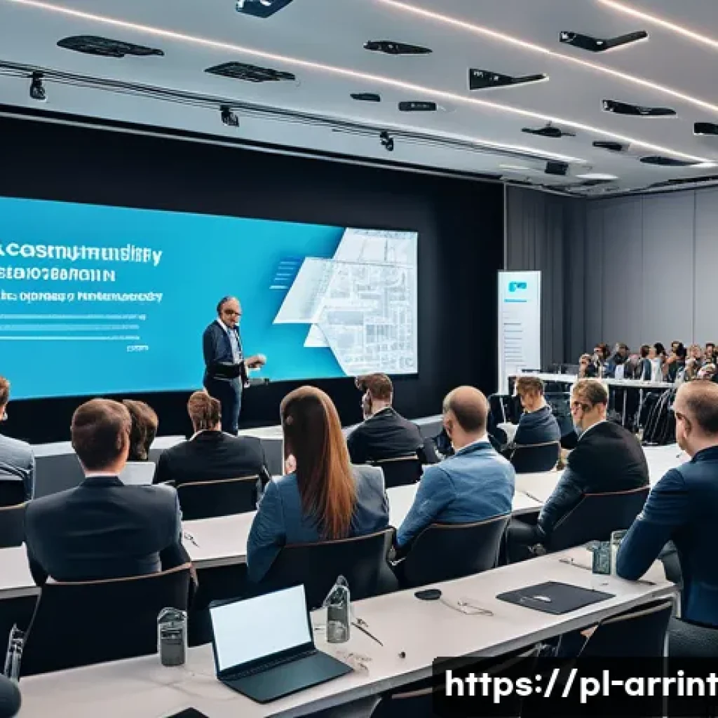 AI 윤리의 이론적 기초와 실제 적용 - A modern Polish technology conference scene showcasing diverse professionals engaged in a panel disc...