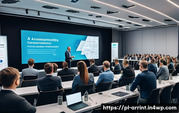 AI 윤리의 이론적 기초와 실제 적용 - A modern Polish technology conference scene showcasing diverse professionals engaged in a panel disc...