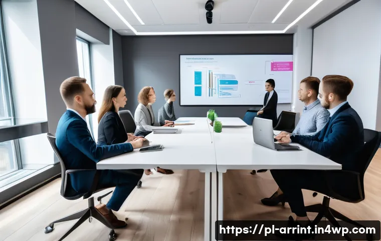 AI 윤리 교육의 중요성과 실행 방안 - A modern corporate office scene in Warsaw, Poland, featuring a diverse team of professionals gathere...