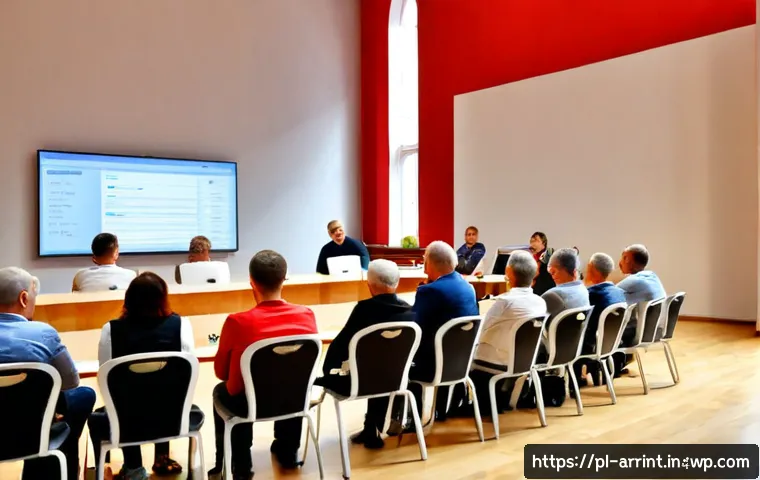 Home 17 AI 윤리와 민주주의의 상관관계 - Photorealistic scene inside a modern Polish community hall in Warsaw, a diverse group of adult citiz...